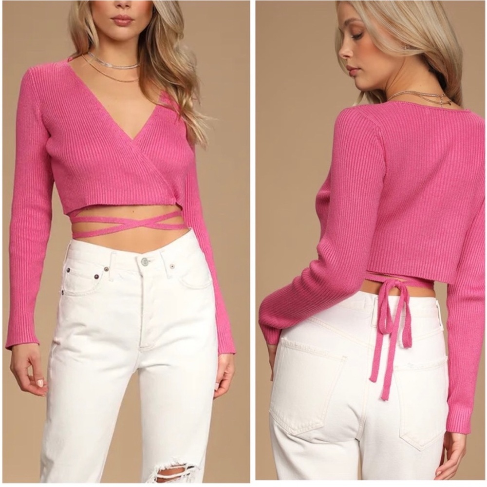 NWT Lulu’s Pink Ribbed Knit Wrapped Waist Crop Top